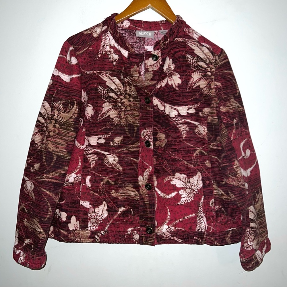 Chico’s Ruffled Floral Print Button Down Jacket Sz L